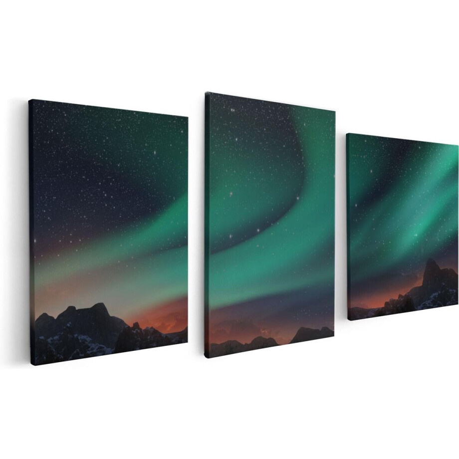 Artaza Canvas Schilderij Drieluik Noorderlicht in de Bergen - 120x60 - Foto Op Canvas - Canvas Print afbeelding 1