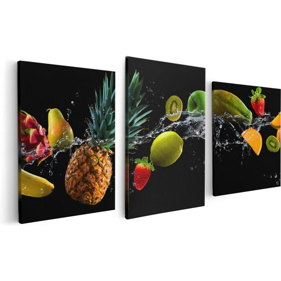 Artaza Canvas Schilderij Drieluik Fruit Met Water Op Zwart Achtergrond - 120x60 - Foto Op Canvas - Canvas Print afbeelding 1