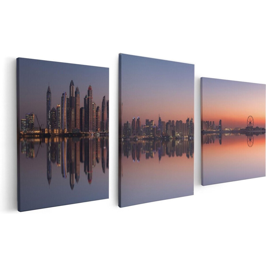 Artaza Canvas Schilderij Drieluik Skyline Dubai Stad bij Zonsondergang - 120x60 - Foto Op Canvas - Canvas Print afbeelding 1