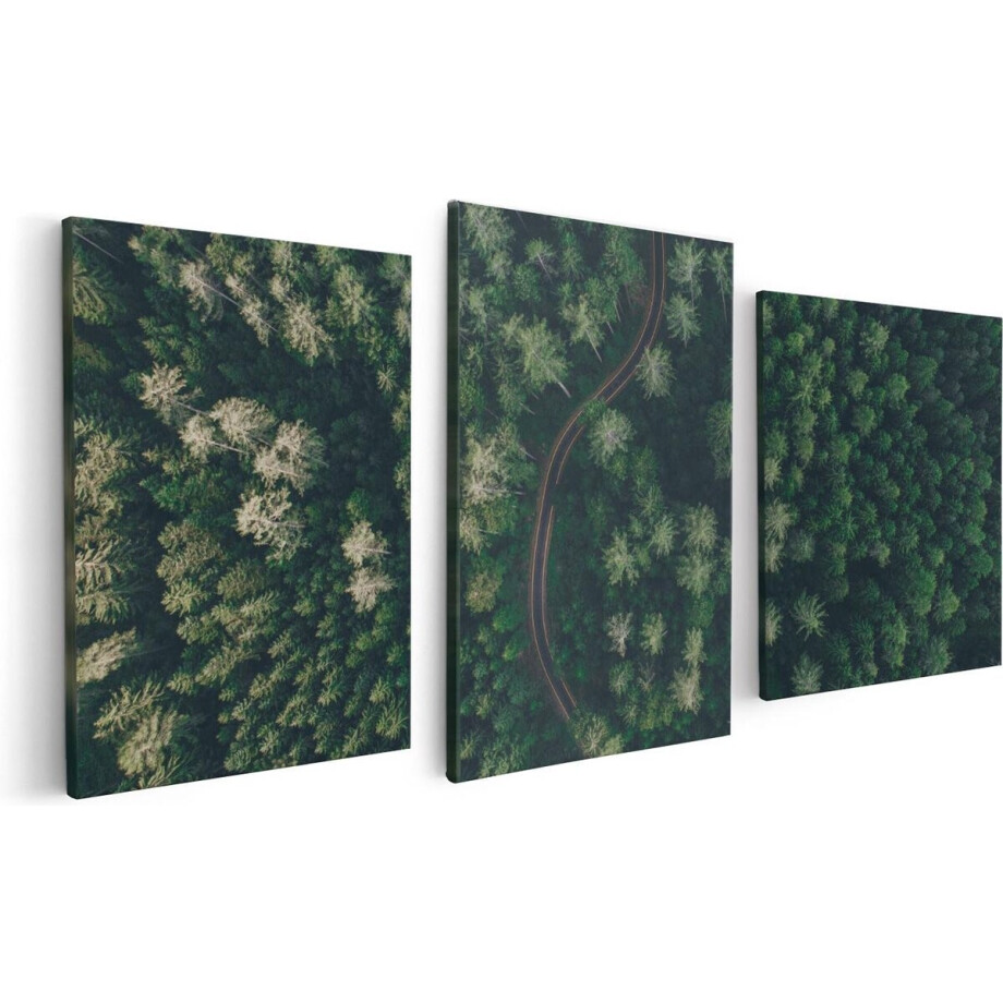 Artaza Canvas Schilderij Drieluik Weg Door Bos Met Bomen - Bovenaanzicht - 120x60 - Foto Op Canvas - Canvas Print afbeelding 1