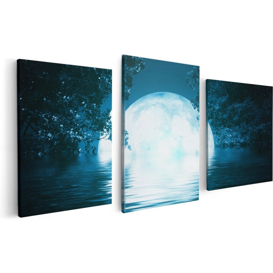 Artaza Canvas Schilderij Drieluik Volle Maan in het Water - 120x60 - Foto Op Canvas - Canvas Print afbeelding 1