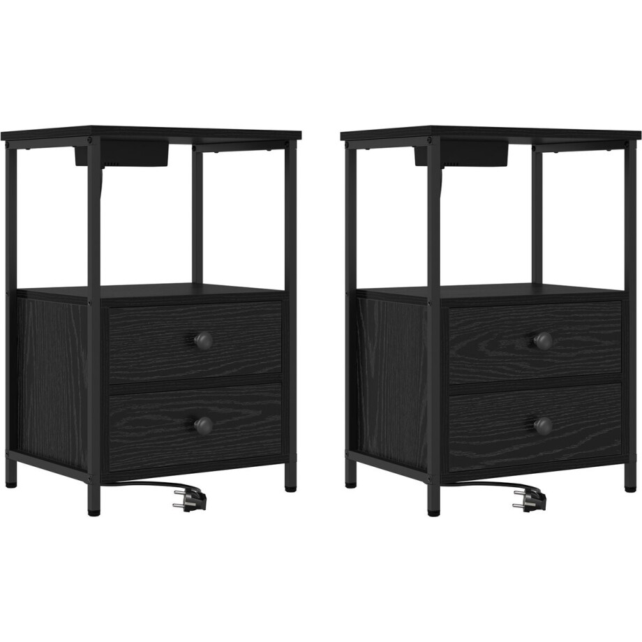 vidaXL - Nachtkastje - met - Oplaadstation - 2 - pcs - Zwart - eiken - Bewerkt - hout afbeelding 1