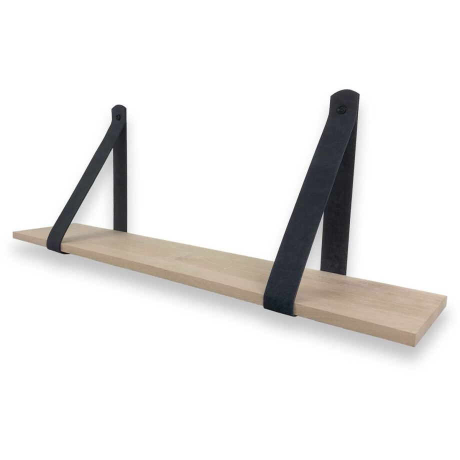 Eiken wandplank 18 mm recht 120 x 30 cm met leren riemen zwart - Eikenhouten wandplank - Eiken wandplank - Leren plankdragers - Fotoplank afbeelding 1