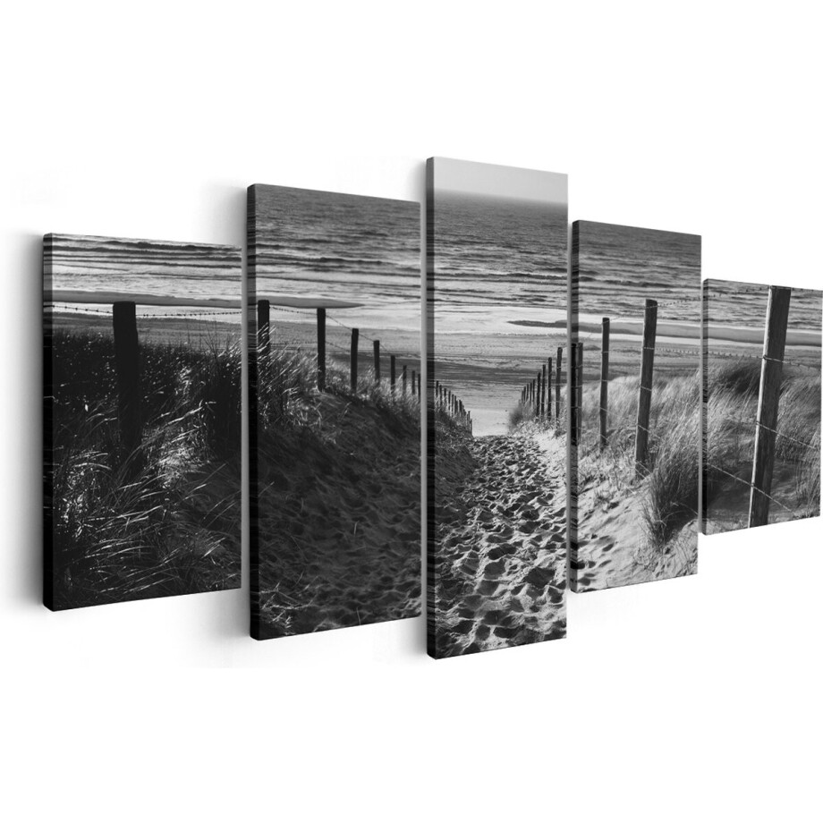 Artaza Canvas Schilderij Vijfluik Voetpad in de Duinen met Strand en Zee - Zwart Wit - 200x100 - Groot - Foto Op Canvas - Canvas Print afbeelding 1