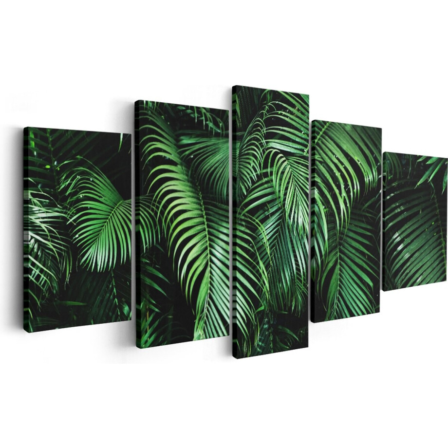 Artaza Canvas Schilderij Vijfluik Tropische Palm Bladeren - Groen - 200x100 cm - Groot - Wanddecoratie Woonkamer - Schilderijen - Muurdecoratie afbeelding 1
