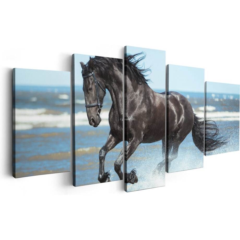 Artaza Canvas Schilderij Vijfluik Zwart Paard In Het Water - 200x100 - Groot - Foto Op Canvas - Canvas Print afbeelding 1