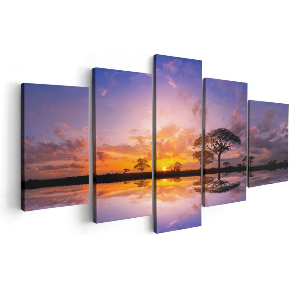 Artaza Canvas Schilderij Vijfluik Silhouet Van Bomen Tijdens Zonsondergang - 100x50 - Foto Op Canvas - Canvas Print afbeelding 1