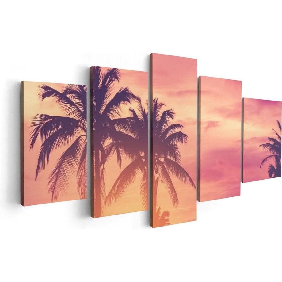 Artaza Canvas Schilderij Vijfluik Tropische Palmbomen Met Zonsondergang - 100x50 - Foto Op Canvas - Canvas Print afbeelding 1