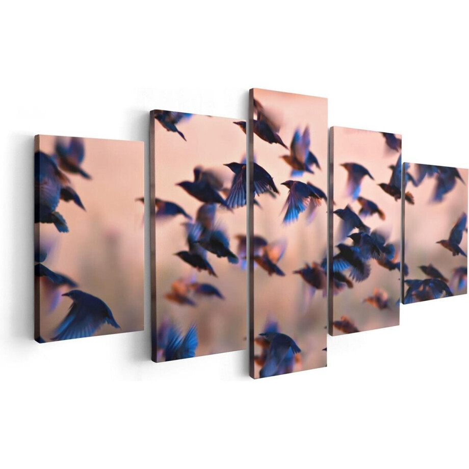 Artaza Canvas Schilderij Vijfluik Groep Vliegende Blauwe Spreeuw Vogels - 100x50 - Foto Op Canvas - Canvas Print Artaza Canvas Schilderij Vijfluik Groep Vliegende Blauwe Spreeuw Vogels - 100x50 - Foto Op Canvas - Canvas Print afbeelding 1