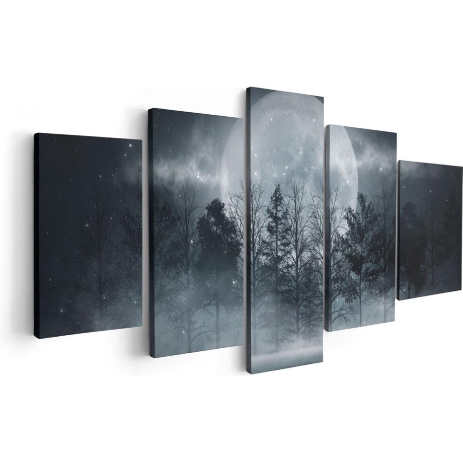 Artaza Canvas Schilderij Vijfluik Maan tussen de Bomen in de Nacht - 100x50 cm - Wanddecoratie Woonkamer - Schilderijen - Muurdecoratie afbeelding 1