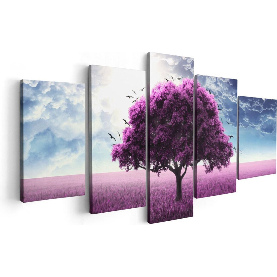 Artaza Canvas Schilderij Vijfluik Paarse Boom In Het Paars Veld Met Vogels - 100x50 cm - Wanddecoratie Woonkamer - Schilderijen - Muurdecoratie afbeelding 1