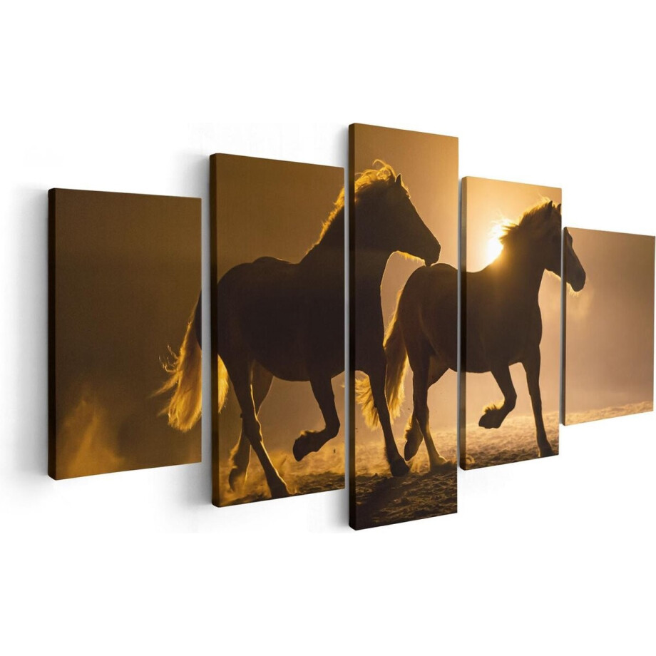 Artaza Canvas Schilderij Vijfluik Silhouet Van Twee Paarden - 100x50 - Foto Op Canvas - Canvas Print afbeelding 1