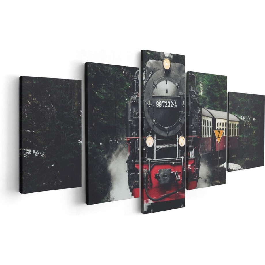 Artaza Canvas Schilderij Vijfluik Locomotief in de Bossen met Stoom Wolken - 100x50 cm - Wanddecoratie Woonkamer - Schilderijen - Muurdecoratie afbeelding 1