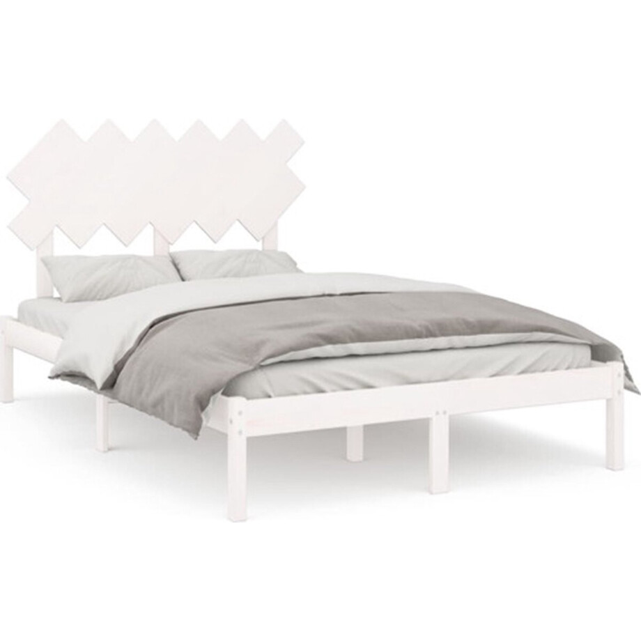 vidaXL - Bedframe - massief - hout - wit - 135x190 - cm afbeelding 1