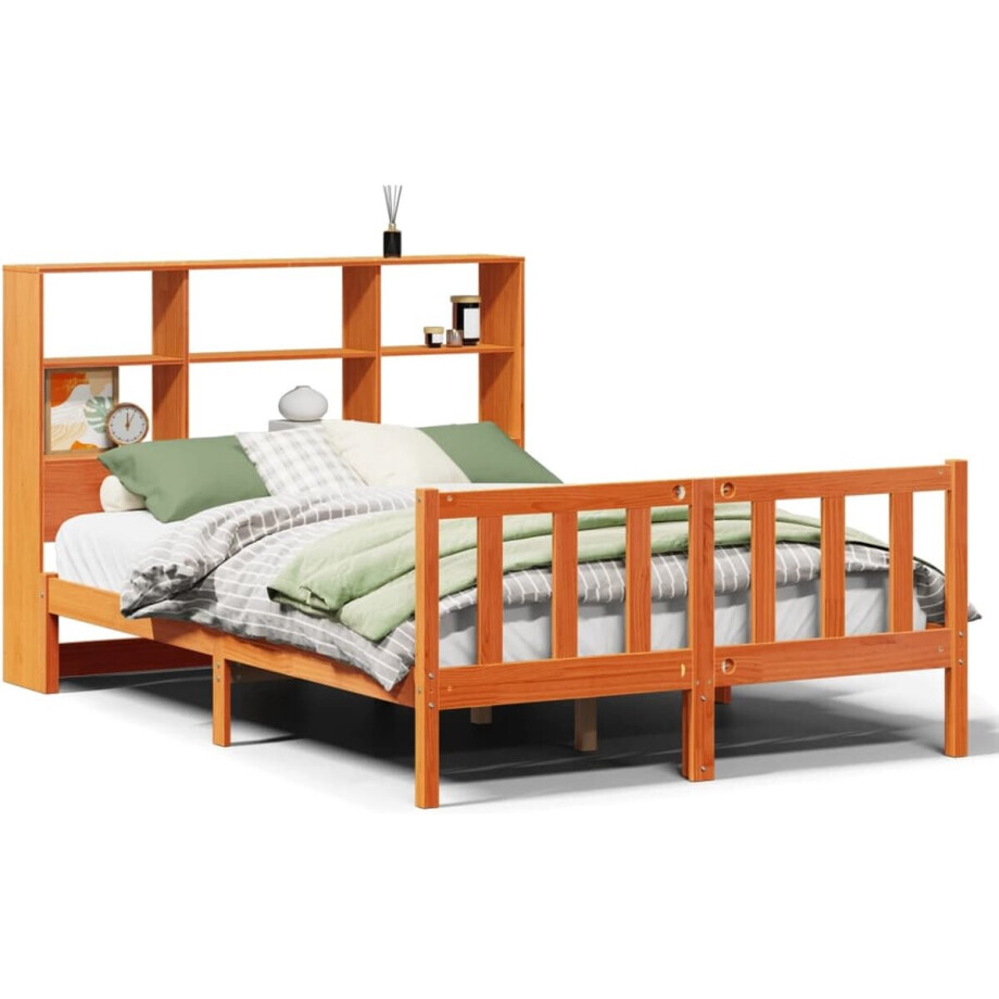vidaXL - Bed - met - boekenkast - zonder - matras - grenenhout - wasbruin - 120x190 - cm afbeelding 1