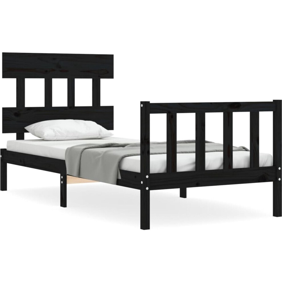 vidaXL - Bedframe - met - hoofdbord - massief - hout - zwart afbeelding 1