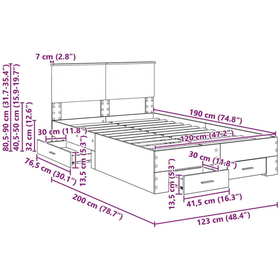 vidaXL - Bedframe - met - hoofdeinde - Rook - Eiken - 120 - x - 190 - cm - Bewerkt - hout afbeelding 1