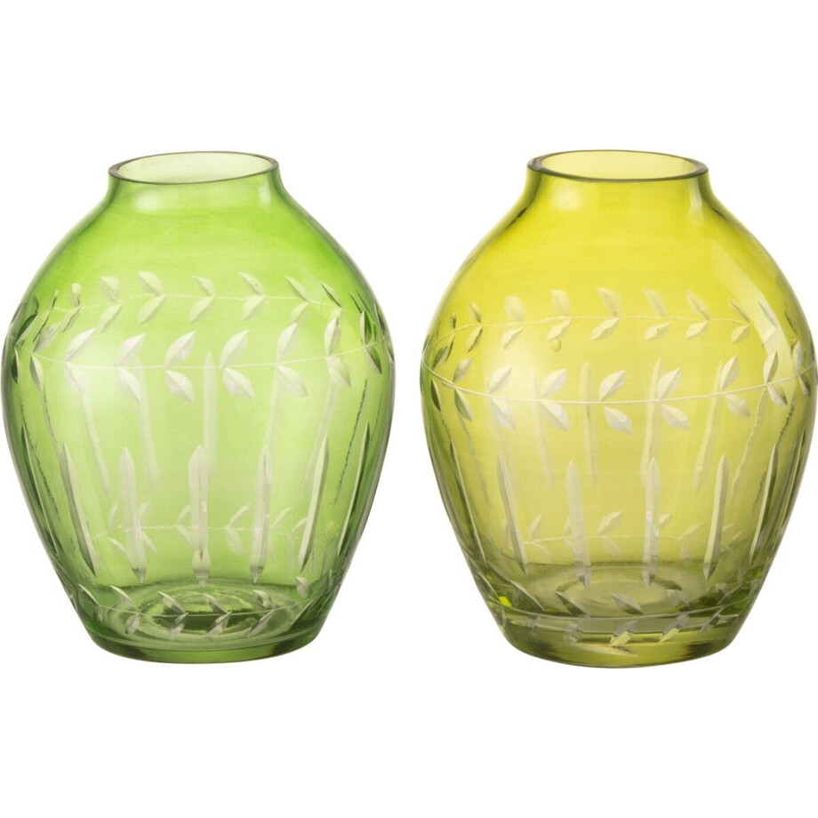 J-Line vaas Bol Bladeren - glas - groen - 2 stuks - Ø 9.5 cm afbeelding 1