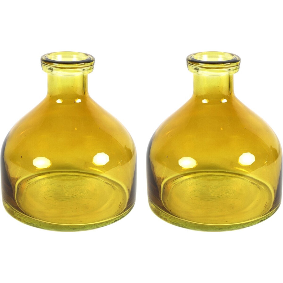 Countryfield Bloemenvaas Low Bottle - 2x - transparant mosterdgeel - glas - D18 x H20 cm - Buikfles afbeelding 1