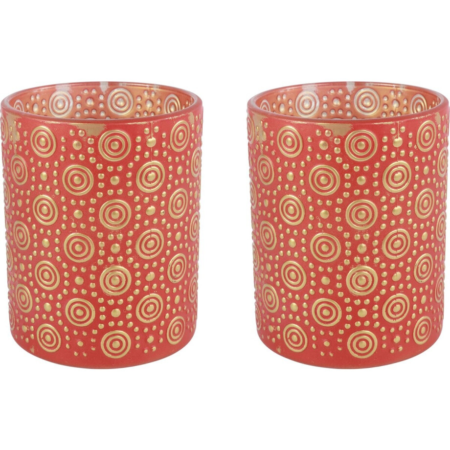 Countryfield Luxe theelichthouder - 2x stuks - Fantasy - glas - rood/goud - D10 x H12 cm afbeelding 1