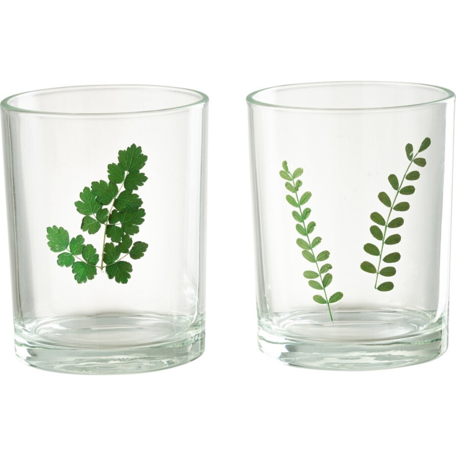 J-Line windlicht Bladeren - glas - groen/transparant - 2 stuks J-Line windlicht Bladeren - glas - groen/transparant - 2 stuks afbeelding 1