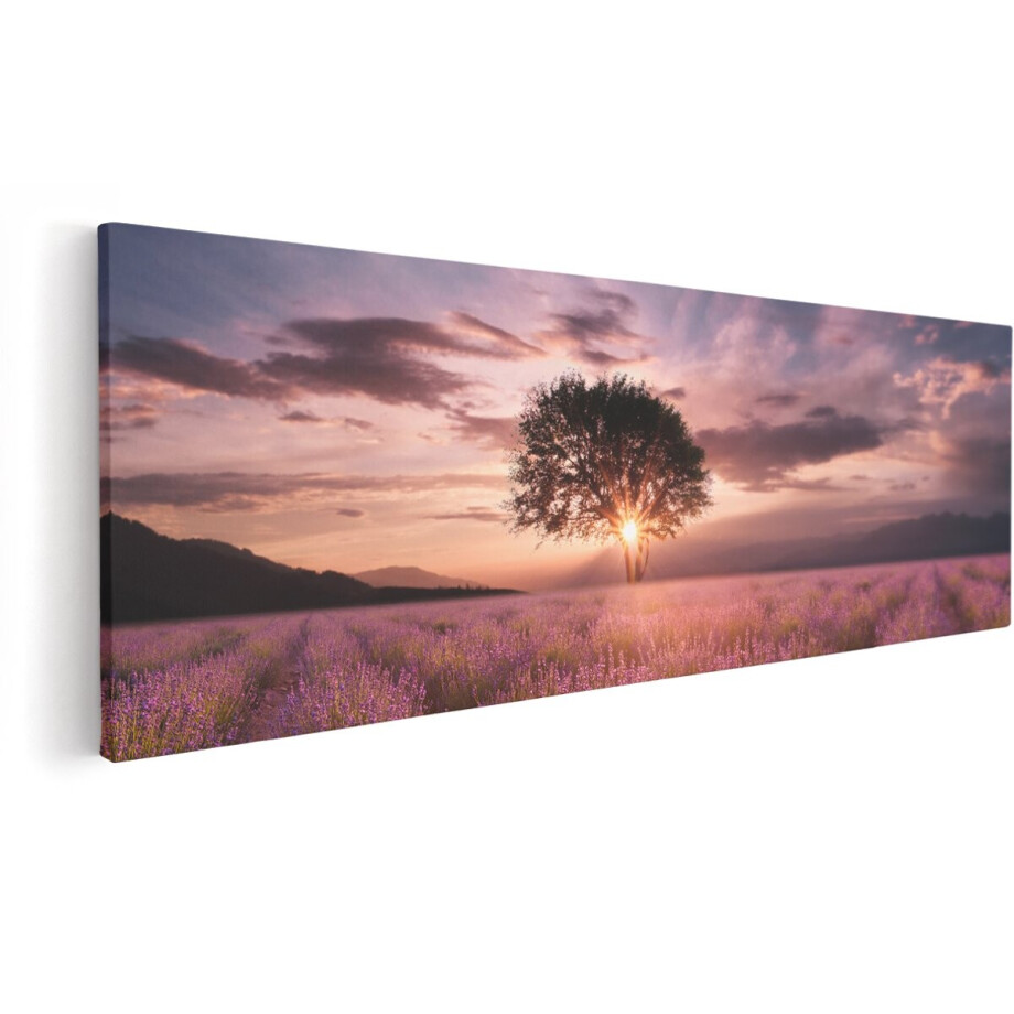Artaza Canvas Schilderij Bloemenveld Met Lavendel Bij Zonsondergang - 150x50 cm - Groot - Wanddecoratie Woonkamer - Schilderijen - Muurdecoratie afbeelding 1