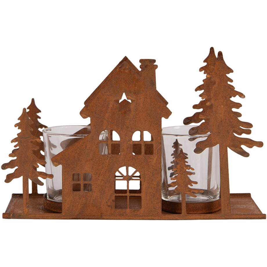 Clayre & Eef Waxinelichthouder Huis 20x8x12 cm Bruin Metaal afbeelding 1