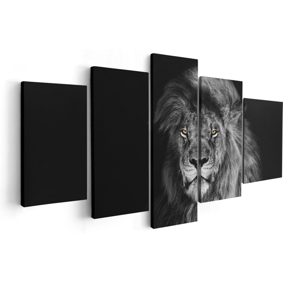 Artaza Canvas Schilderij Vijfluik Leeuw Met Oranje Ogen - Zwart Wit - 100x50 - Foto Op Canvas - Canvas Print afbeelding 1