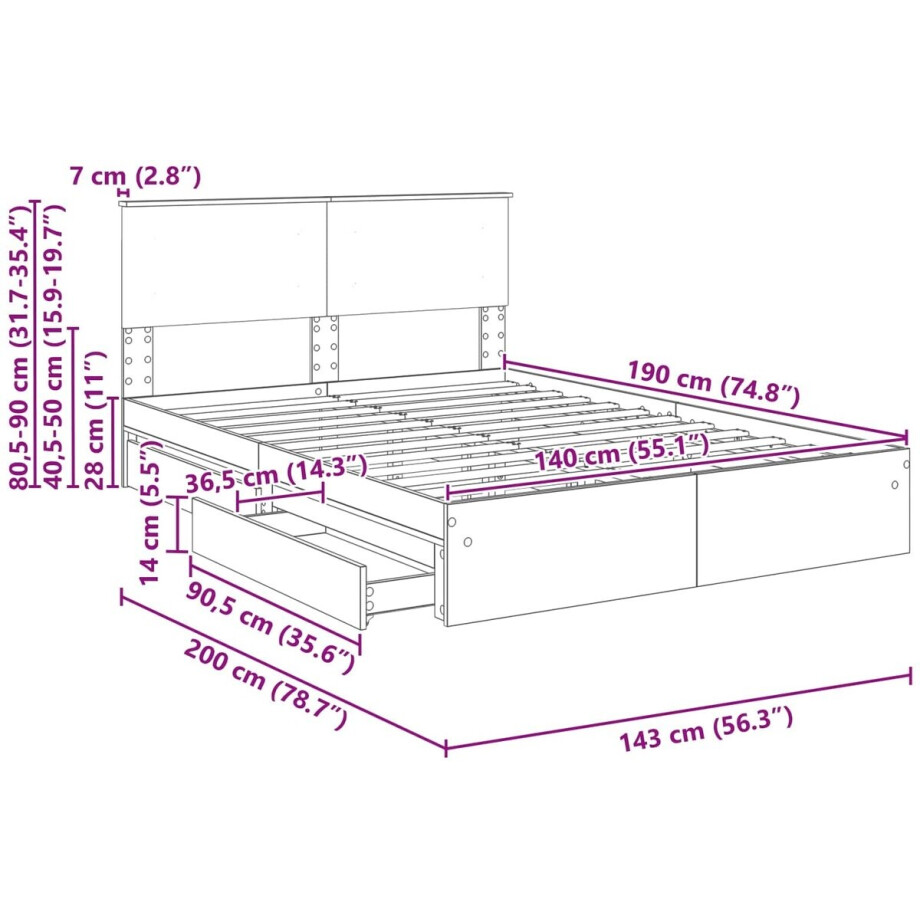 vidaXL - Opbergbed - met - hoofdeinde - met - lade - Wit - 140 - x - 190 - cm - Bewerkt - hout afbeelding 1