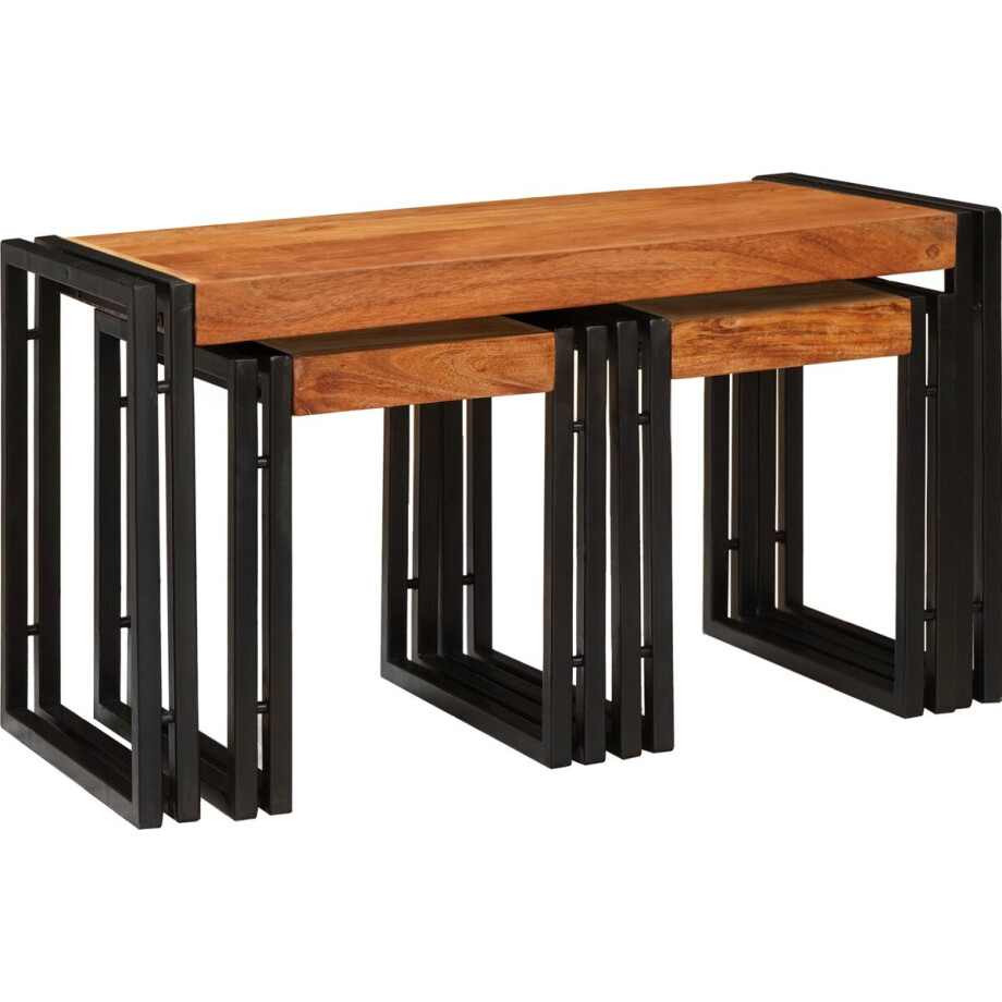 vidaXL - Nesttafel - 3 - pcs - Bruin - en - Zwart - Massief - acaciahout - en - metaal afbeelding 1