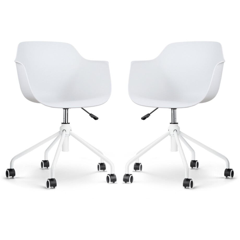 Nolon Nout-Puk Bureaustoelen Set van 2 Wit - met Armleuning - Kunststof Zitting - Verstelbaar - Wieltjes - Wit Onderstel afbeelding 1
