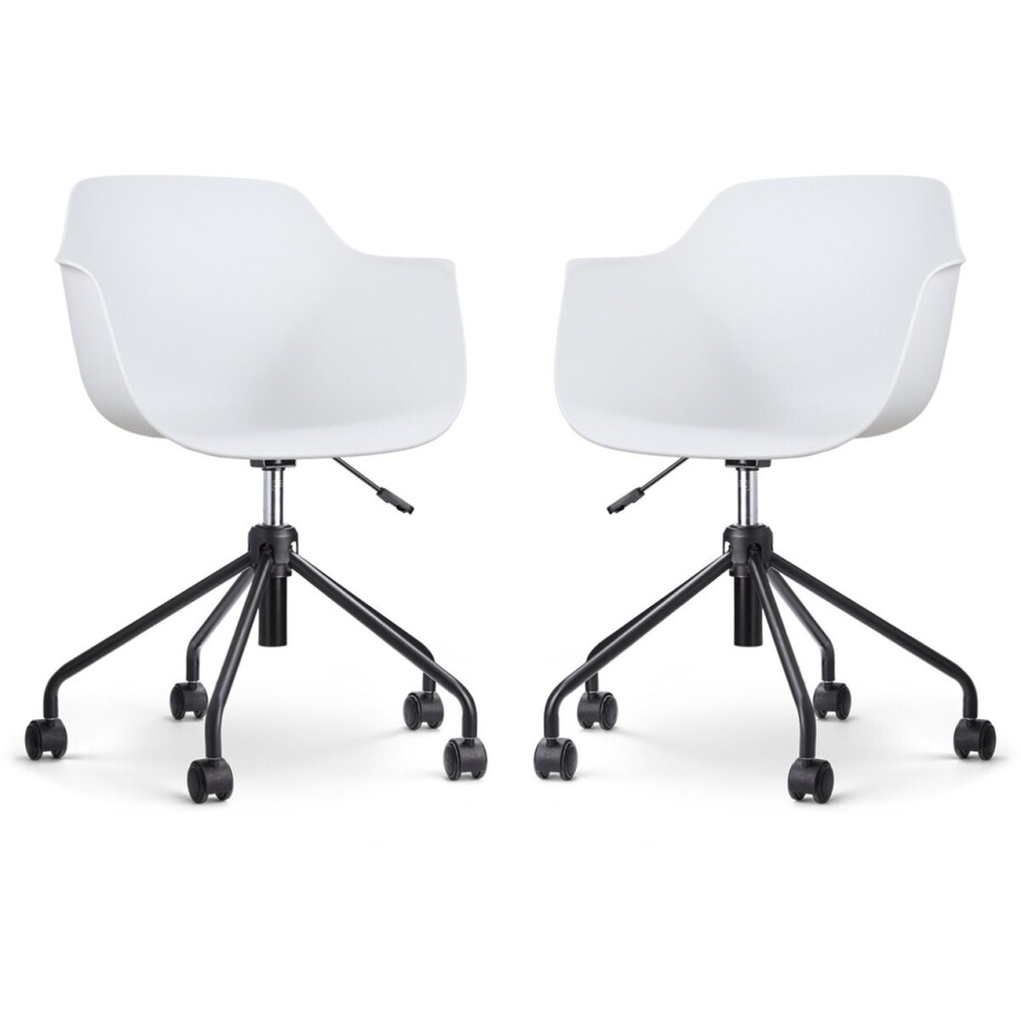 Nolon Nout-Puk Bureaustoelen Set van 2 Wit - met Armleuning - Kunststof Zitting - Verstelbaar - Wieltjes - Zwart Onderstel Nolon Nout-Puk Bureaustoelen Set van 2 Wit - met Armleuning - Kunststof Zitting - Verstelbaar - Wieltjes - Zwart Onderstel afbeelding 1
