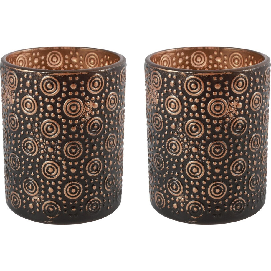 Countryfield Luxe theelichthouder - 2x stuks - Fantasy - glas - zwart/brons - D8 x H10 cm afbeelding 1