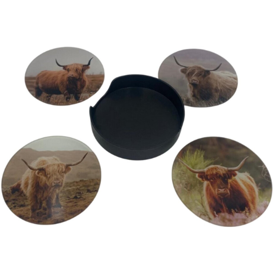 Onderzetters voor glazen set van 4 schotse hooglander met houder glas ø 10 cm | G6249017 | Stoer & Sober afbeelding 1