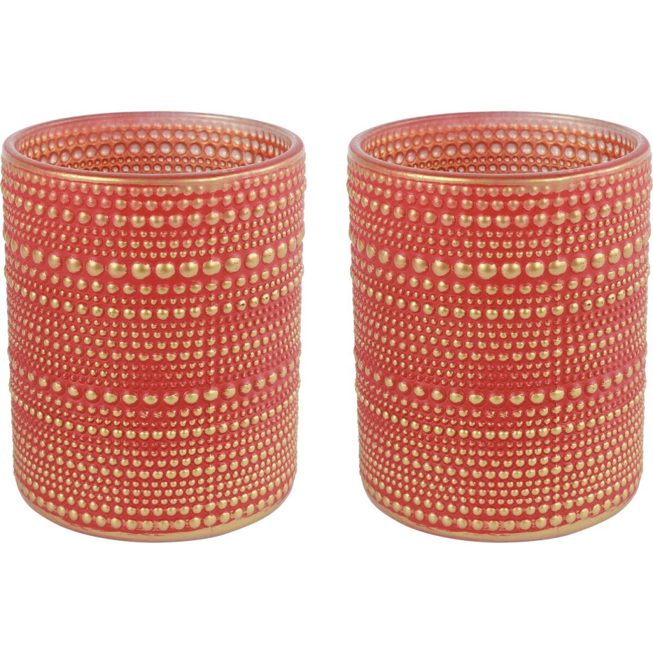Countryfield Luxe theelichthouder - 2x stuks - Aurora - glas - rood/goud - D8 x H10 cm afbeelding 1