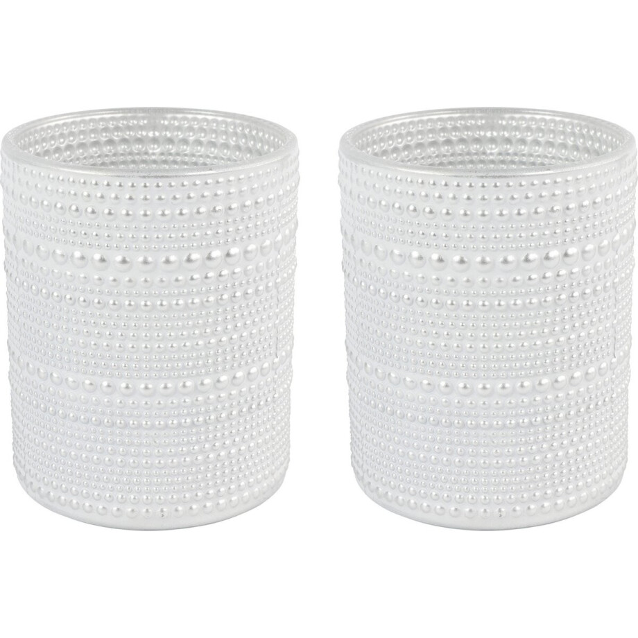 Countryfield Luxe theelichthouder - 2x stuks - Aurora - glas - parel wit/zilver - D7 x H8 cm afbeelding 1