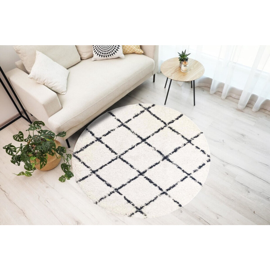 Flycarpets Candy Diamond Shaggy Vloerkleed Rond - Crème/Zwart - Geruit motief - Hoogpolig - 200 cm afbeelding 1