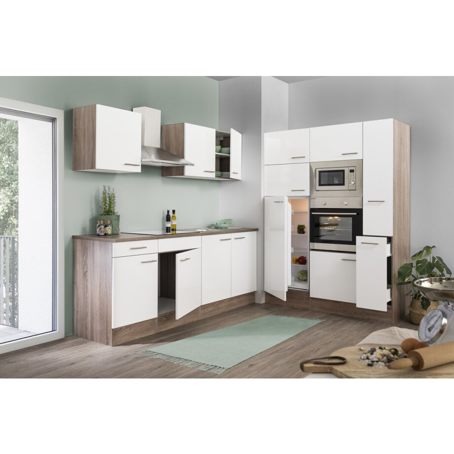 Goedkope keuken 360 cm - complete keuken met apparatuur Oliver - Donker eiken/Wit - keramische kookplaat - afzuigkap - oven - magnetron - spoelbak afbeelding 1
