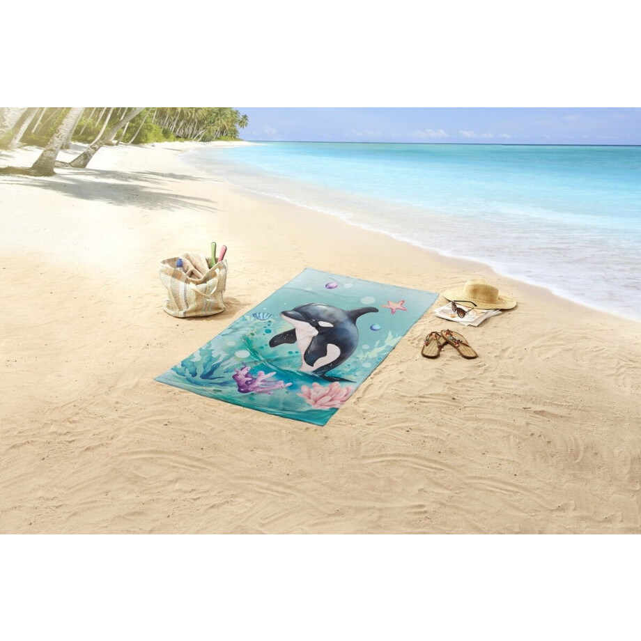 Strandlaken voor Kinderen 75x150 cm - Orka en Zeeleven Print - Mint - Zacht en Sneldrogend - Oeko-Tex Gecertificeerd afbeelding 1