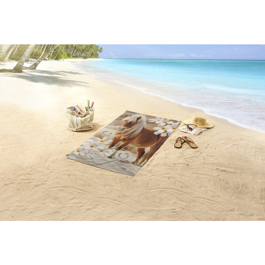Strandlaken voor Kinderen 75x150 cm - Paarden en Bloemen Print - Zandkleur - Good Morning - Oeko-Tex Gecertificeerd Strandlaken voor Kinderen 75x150 cm - Paarden en Bloemen Print - Zandkleur - Good Morning - Oeko-Tex Gecertificeerd afbeelding 1