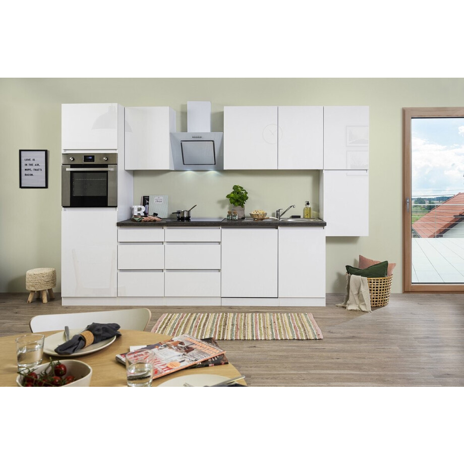 Goedkope keuken 330  cm - complete keuken met apparatuur Lorena  - Wit/Wit - soft close - inductie kookplaat - vaatwasser - afzuigkap - oven    - spoelbak afbeelding 1