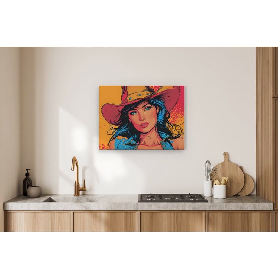 Artaza Canvas Schilderij Vrouw - 80x60 cm - Wanddecoratie Pop Art - Muurdecoratie Cowgirl Portret - Schilderijen Op Canvas Blauw Artaza Canvas Schilderij Vrouw - 80x60 cm - Wanddecoratie Pop Art - Muurdecoratie Cowgirl Portret - Schilderijen Op Canvas Blauw afbeelding 1