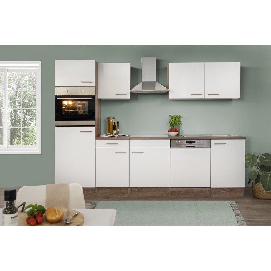 Goedkope keuken 280 cm - complete keuken met apparatuur Oliver - Donker eiken/Wit - keramische kookplaat - vaatwasser - afzuigkap - oven - spoelbak Goedkope keuken 280 cm - complete keuken met apparatuur Oliver - Donker eiken/Wit - keramische kookplaat - vaatwasser - afzuigkap - oven - spoelbak afbeelding 1