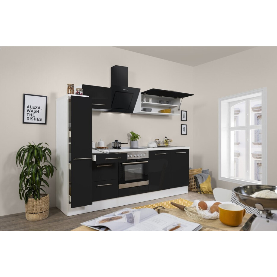 Goedkope keuken 240  cm - complete keuken met apparatuur Amanda  - Wit/Zwart - soft close - keramische kookplaat    - afzuigkap - oven    - spoelbak afbeelding 1