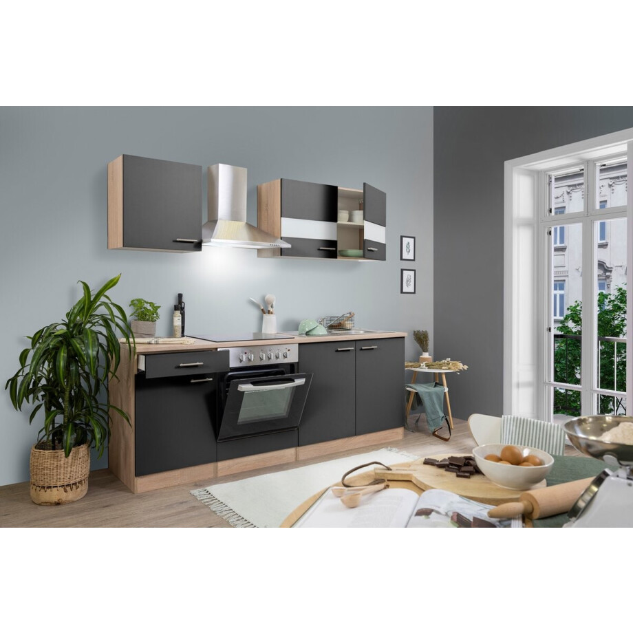 Goedkope keuken 210  cm - complete keuken met apparatuur Merle  - Eiken/Grijs - soft close - keramische kookplaat    - afzuigkap - oven    - spoelbak afbeelding 1
