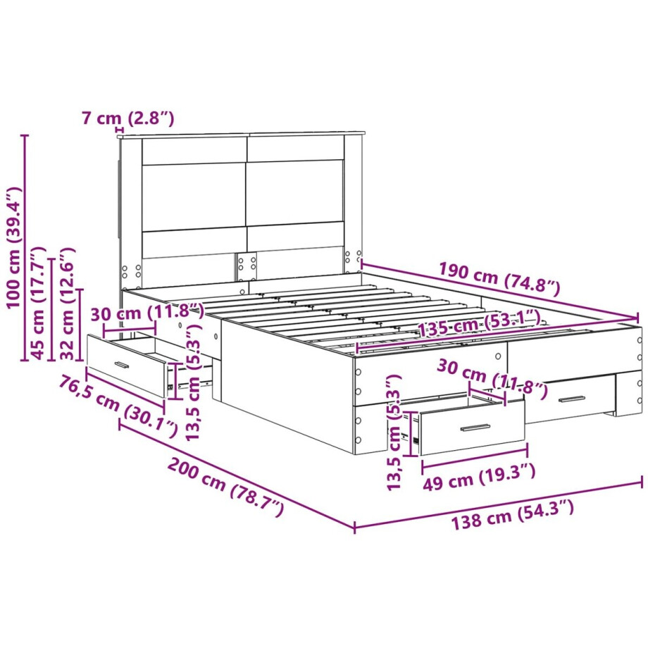 vidaXL - Bedframe - met - hoofdeinde - Rook - Eiken - 135 - x - 190 - cm - Bewerkt - hout afbeelding 1