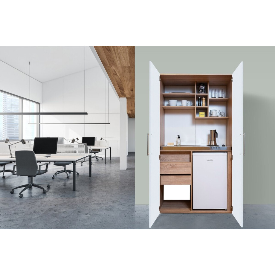 Goedkope keuken 104 cm - mini keuken met apparatuur Peter - Eiken/Wit - elektrische kookplaat - koelkast - kleine keuken - compacte keuken - keukenblok met apparatuur Goedkope keuken 104 cm - mini keuken met apparatuur Peter - Eiken/Wit - elektrische kookplaat - koelkast - kleine keuken - compacte keuken - keukenblok met apparatuur afbeelding 1