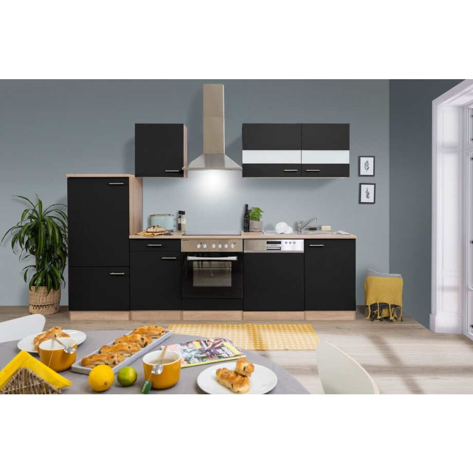 Goedkope keuken 280 cm - complete keuken met apparatuur Merle - Eiken/Zwart - soft close - keramische kookplaat - vaatwasser - afzuigkap - oven - spoelbak Goedkope keuken 280 cm - complete keuken met apparatuur Merle - Eiken/Zwart - soft close - keramische kookplaat - vaatwasser - afzuigkap - oven - spoelbak afbeelding 1