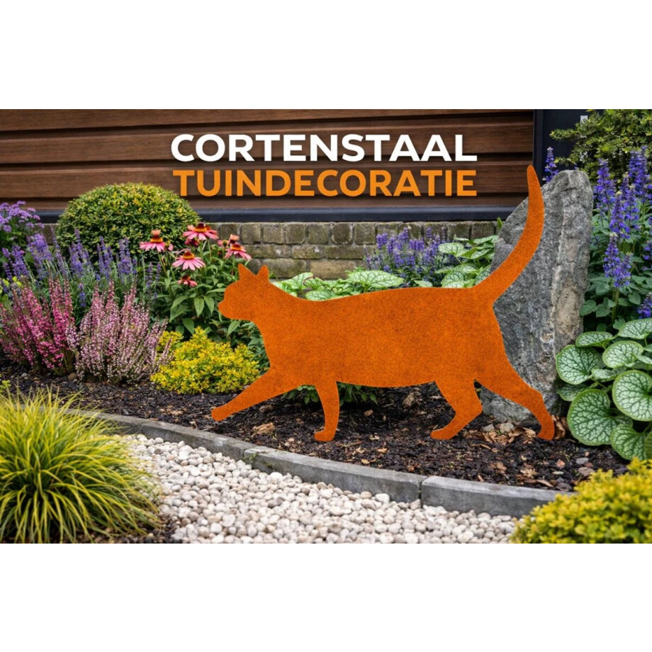Roestige Kat lopend - Tuindecoratie – Cortenstaal - Metalen Silhouet voor in de grond – Lokaal Geproduceerd - Grondprikker - Tuinornament -Tuinprikker afbeelding 1