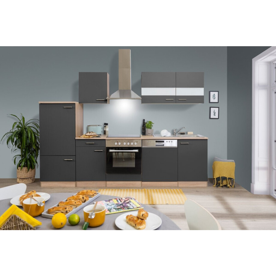 Goedkope keuken 280  cm - complete keuken met apparatuur Merle  - Eiken/Grijs - soft close - keramische kookplaat - vaatwasser - afzuigkap - oven    - spoelbak afbeelding 1